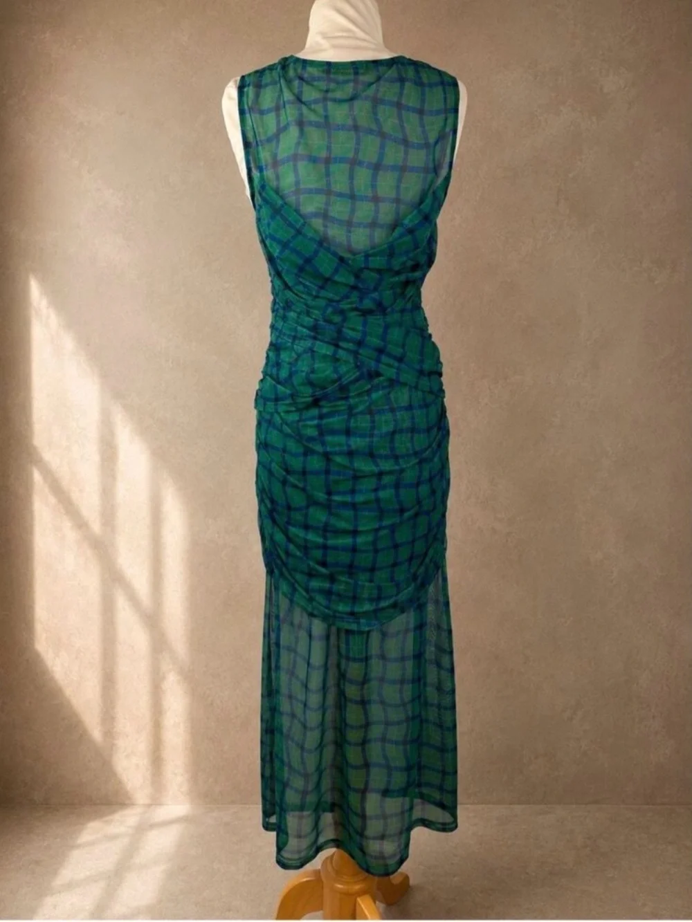 Simon Miller Kinny Ruched Plaid Mesh Midi Dress Anthropologie Green Blue- Size L - Picture 4 of 13